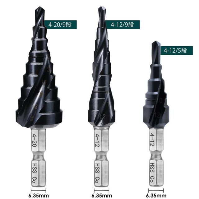  無敵 二枚刃ステップドリル３点セット 六角轴 螺旋 HSS-Co M 35 コバルトハイス鋼 TiAlNコート もっと鋭い ステンレス用 薄いスチール アルミニウム 木材などの穴あけに使用できます ドライバドリル ドリル 部品
