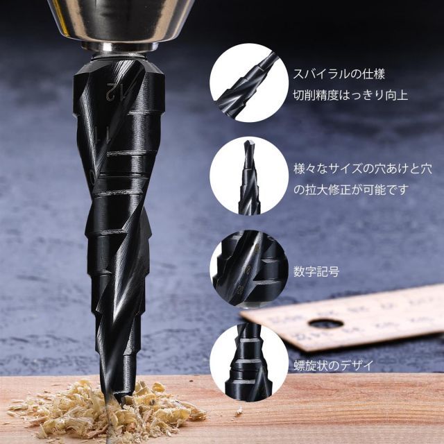 無敵 二枚刃ステップドリル３点セット 六角轴 螺旋 HSS-Co M 35 コバルトハイス鋼 TiAlNコート もっと鋭い ステンレス用 薄いスチール アルミニウム 木材などの穴あけに使用できます
