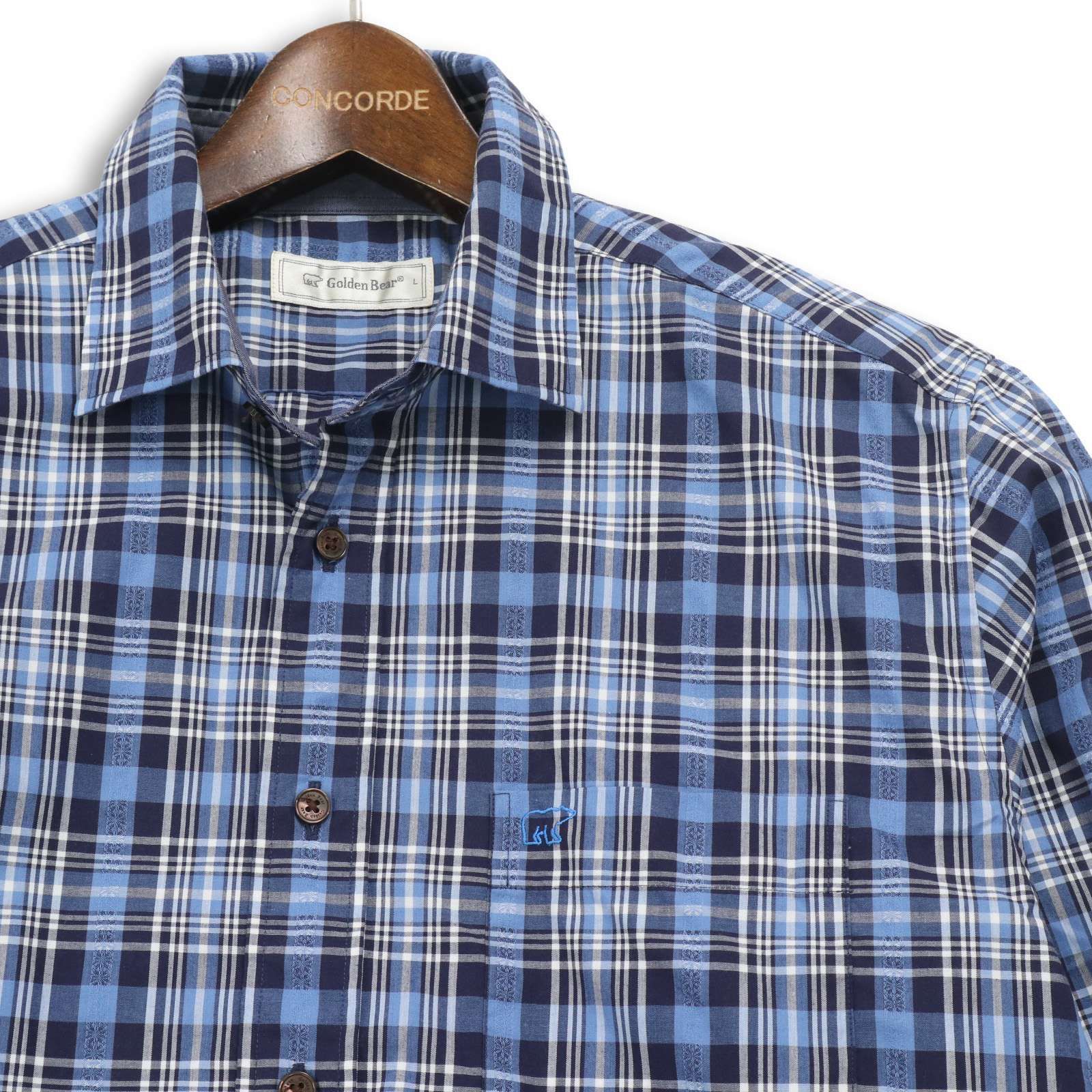 Golden Bear ゴールデンベア 通年 ロゴ 長袖 チェック シャツ Sz.L メンズ 紺 ネイビー
