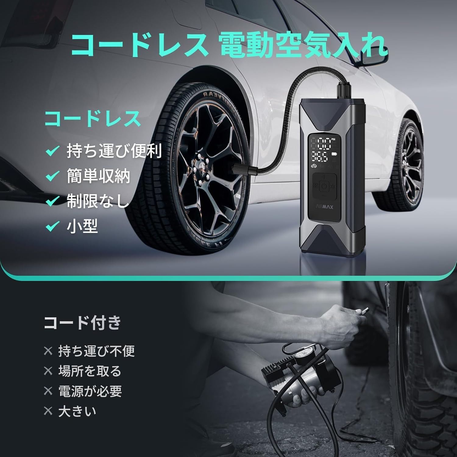 自転車 空気入れ 電動空気入れ バイク 車 エアーポンプ 2500mAh×3 大容量バッテリー 最大圧力160PSI タイヤ空気圧検知 ...