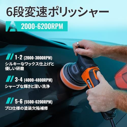 W 67 ポリッシャー ダブルアクション 125 mm 電動ポリッシャ- カー コード式 研磨機 AC 100 V式 六段変速 2000-6200 RPM 630 1.9 kg 5インチ 小型 9 ランダムオービタル バイク用 車磨き ヘッドラ