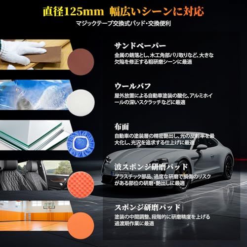  1.0 kg軽量化 電動ポリッシャー 車 ポリッシャー 6段変速 2800-5800 RPM 12 V .5 Ah 最大125 mm対応 コードレス 充電式 研磨機 ワックス 鏡面磨き 傷消し ダブルアクション 片手 車両メンテナンス 洗車用 軽量 日本語説明 ポリッシャー 研磨機