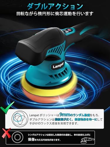 Lampat ポリッシャー 車 ダブルアクション マキタ18 Vリチウムバッテリー対応 コードレス 電動ポリッシャー 充電式 8段階変速 150 mm裏板 6000-2500 RPM 強力モーター 過熱防止機能 バッテリー残量表示 偏心構造 ワックス掛け 艶出