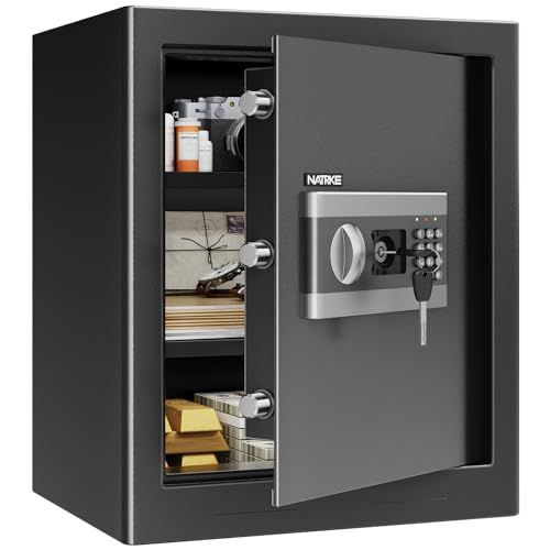 迅速に発送 NATRKE 金庫 家庭用金庫 暗証番号 テンキー式 電子 防犯 緊急キー付き 家庭用 店舗用 保管庫 防犯箱 業務用 警報アラーム付き A 4ファイル対応 床 壁に固定 日本語取扱説明書付き 43 L 5 af aa 04