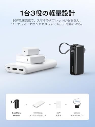 迅速に発送 EcoFlow RAPID 10000 mAh 35 W 最大35 W出力 急速充電 折りたたみ式ACプラグ USB Cケーブル1台3役 大容量 ２台同時充電 小型デザイン 残量表示 過熱防止 iPhone Android PC タ 4 ccd 0 b 6 e