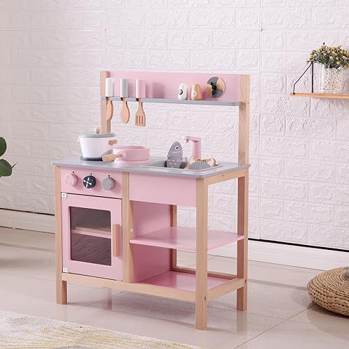 食品衛生法適合検査済 OSJ おままごとキッチン 木製 組立式 調理器具付き セット おままごと おもちゃキッチン ミニキッチン 子供用 収納 まねっこ 台所 調理器具付 食材 知育玩具 コンロ プレゼント ピンク お飯事 7 a 175 d 4 c