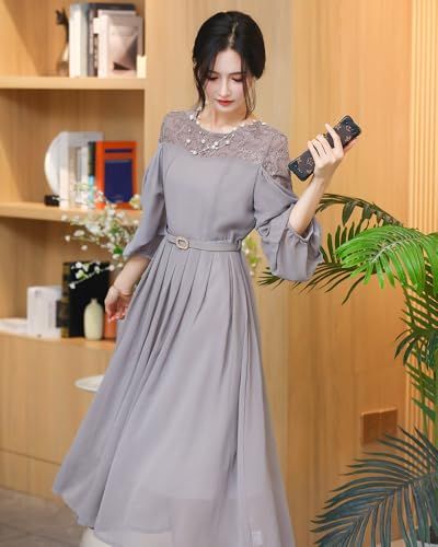 Collecala ドレス レディース 肩レース切り替え ロング ミモレ丈 ランタンスリーブ５分袖 フ Aライン 可愛い ハイウエスト 着痩せ おしゃれ 取り外しベルト 裏地付き きれいめパーティー 結婚式 通勤 二次会ドレスpo 72 ad 113 d