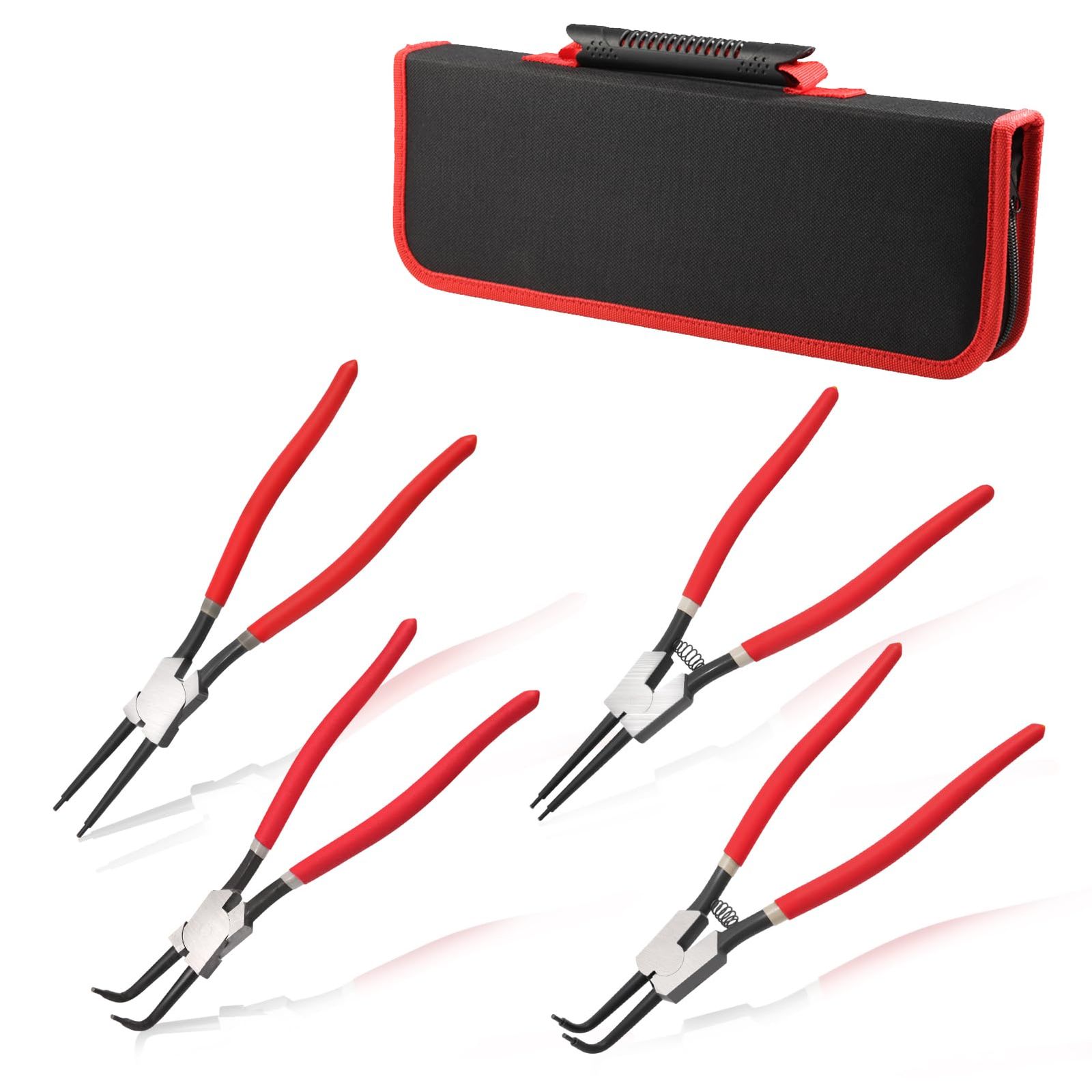 4 PCSスナップリングプライヤー13インチヘビーデューティー内部および外部サークリッププライヤー ストレージポーチ付きストレートベントジョーチップ直径0.09 取り付け用 取り外し保持リングの取り外し