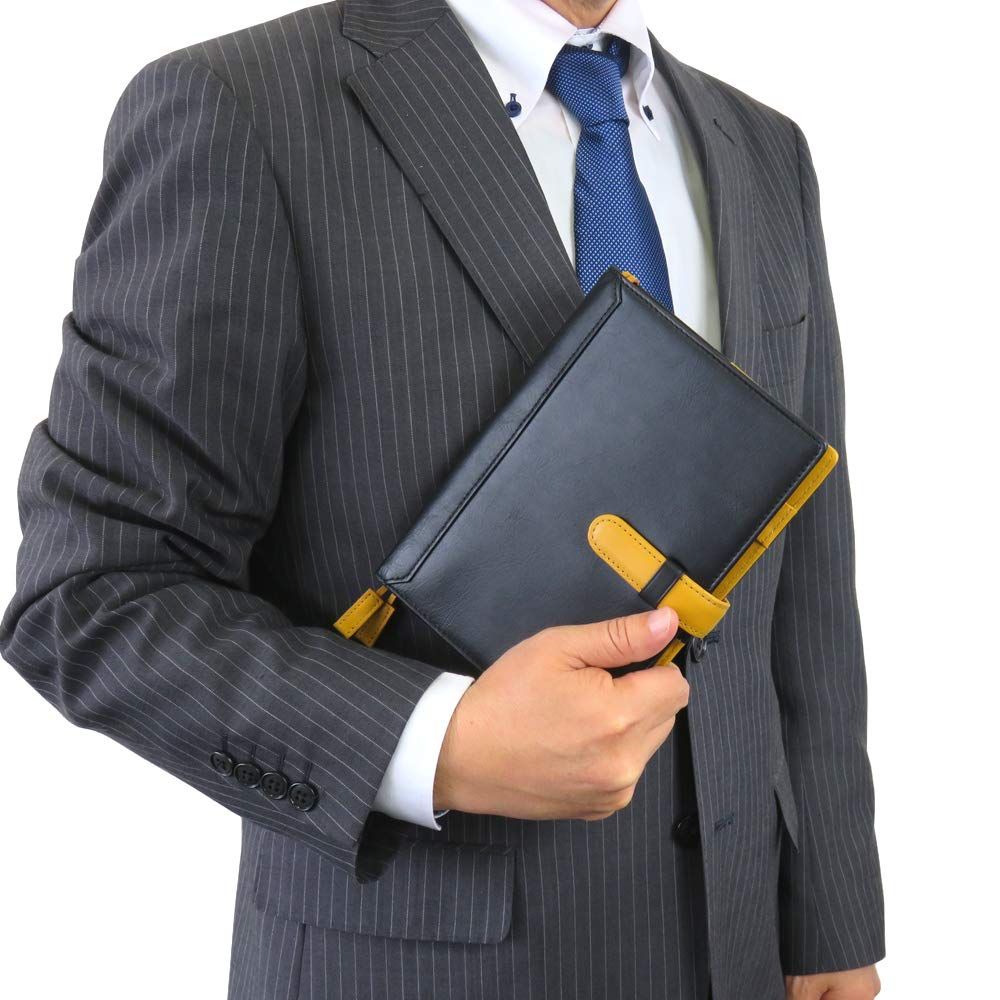 シールアル 手帳カバー B 本革 革 ベルトつき バイカラー CLuaR-TC 10.ブラック×マスタードイエロー 背表紙 BK