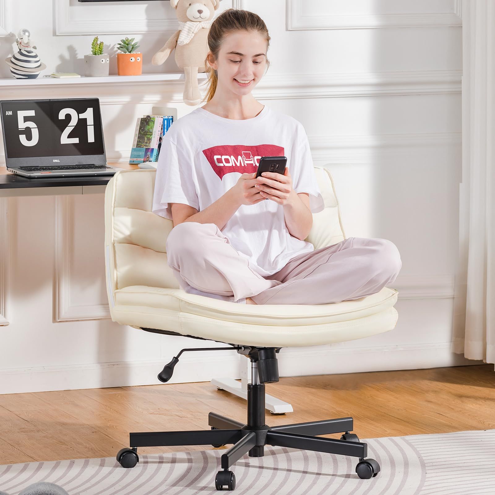 COMHOMA デスクチェア あぐら ソファチェア オフィスチェア Beige 疲れない椅子 90° 130°ロッキング角度 肘掛けなし 座面広い ホイール付き回転 10cm高さ調節 PUレザー 軽快な小型のソファ 一人掛け 小さなスペース PUレザ