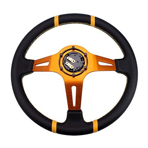 MUTEKI ステアリング ハンドル 直径350 mm 軽量アルミニウム レザー 車用 交換 ディープコーン レザー刺繍 ホーンボタン付き 汎用 金 po 5 d 99977 e