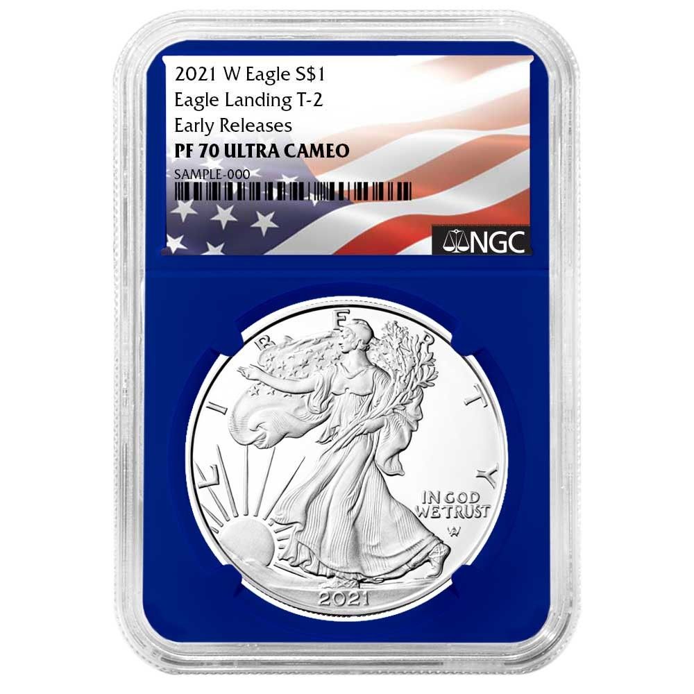 2021-W プルーフ $1 タイプ2 アメリカン シルバー イーグル NGC PF70UC ER フラッグラベル ブルーコア