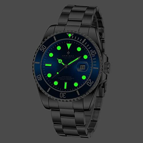  AKNIGHT 腕時計 メンズ 逆回転防止ベゼル アナログ ウォッチ おしゃれ 時計 クリスタル 見やすい 夜光 うで時計 ステンレス鋼バンド 30m防水 夜光 日付 mens watch 日本語説明書 ブルー2 彡 ストリート系 自動巻き時計 腕時計(アナログ)