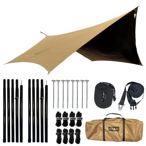 迅速に発送 LUHANA タープ ヘキサタープ 難燃性ポリエステル 耐水圧8000 mm ブラックコーティング 遮光 大型 5 m延長ベルト付き 軽量 サンドベージュ 難燃性ブラックコーティング 420 410 cm オールインワン 2 c 4 e 310 f