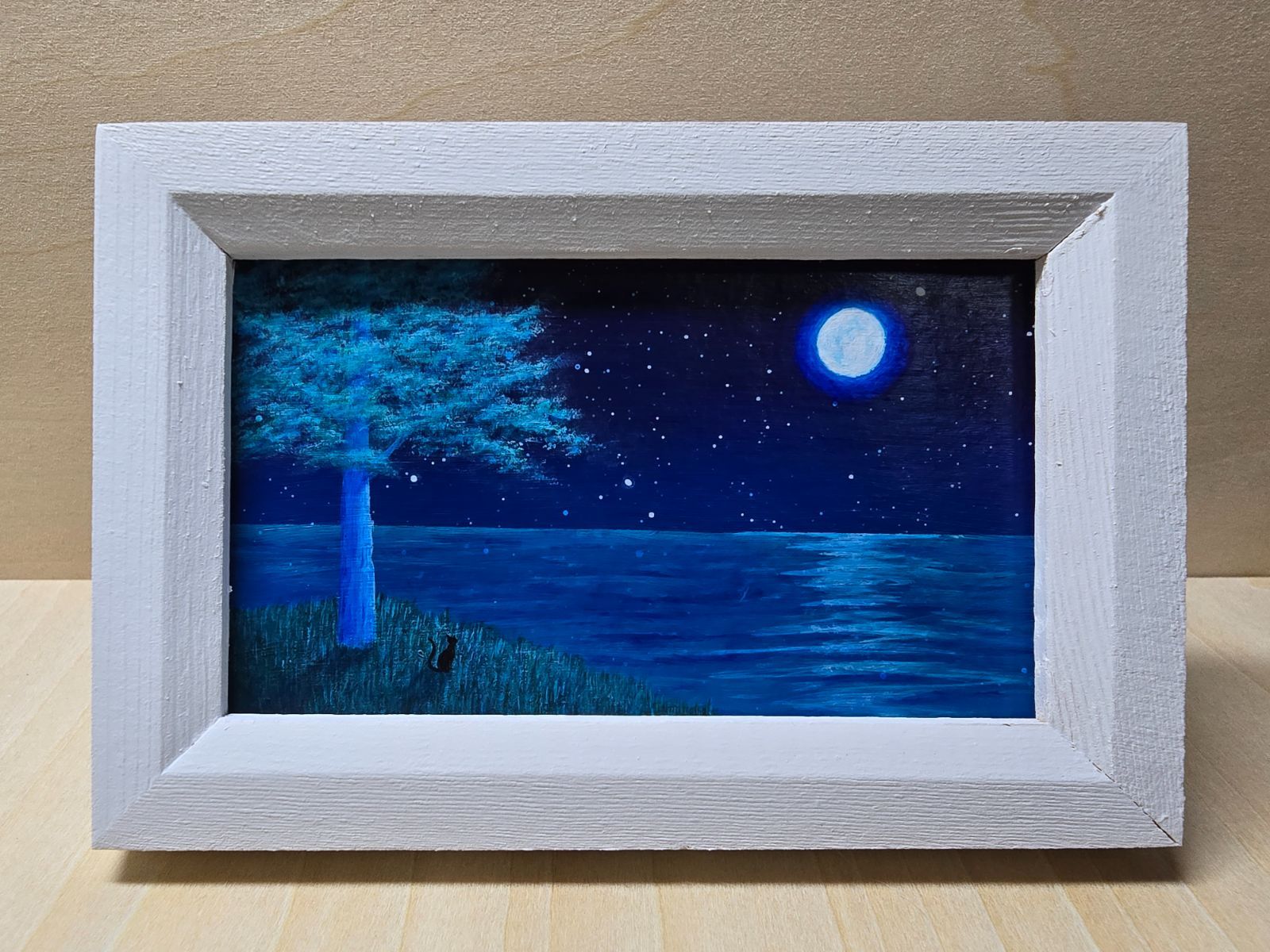 満月の夜」 絵画 原画 一点もの 名刺サイズ アクリル画 スタンド