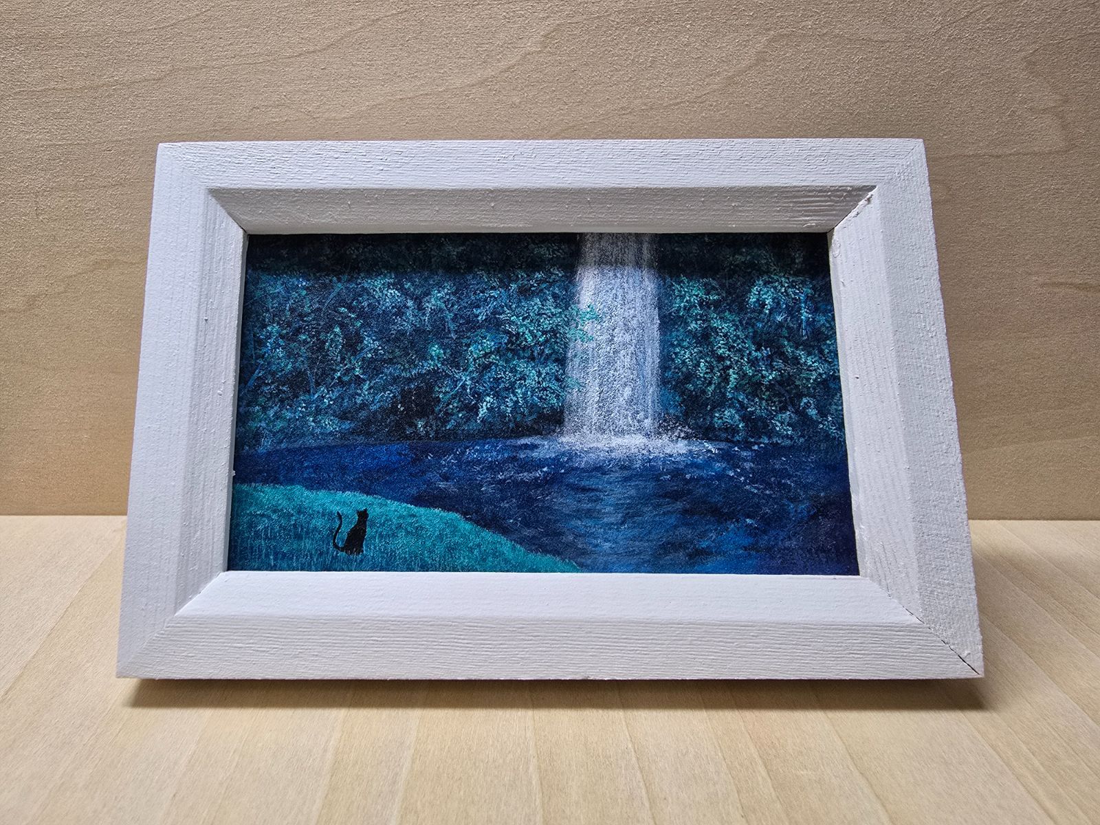 秘密の滝」 絵画 原画 一点もの 名刺サイズ アクリル画 スタンド