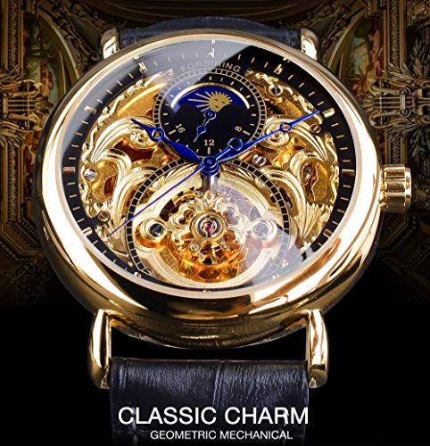  FORTININGメンズ自動巻きアナログ腕時計ファッションスケルトントゥールビヨン防水ムーンフェイズレザーメカニカルウォッチ ブラック 彡 コーデセット 自動巻き時計 腕時計(アナログ)