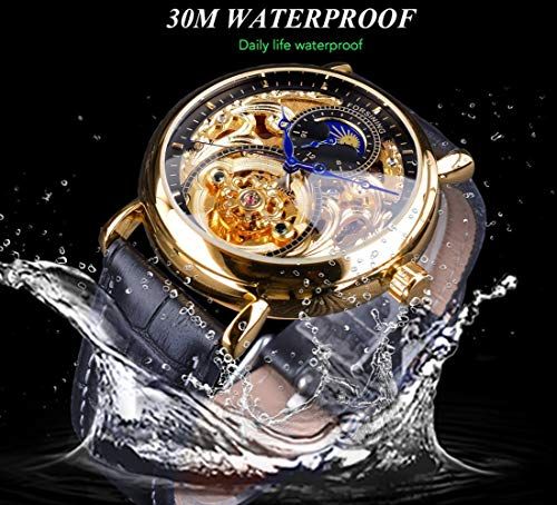 FORTININGメンズ自動巻きアナログ腕時計ファッションスケルトントゥールビヨン防水ムーンフェイズレザーメカニカルウォッチ