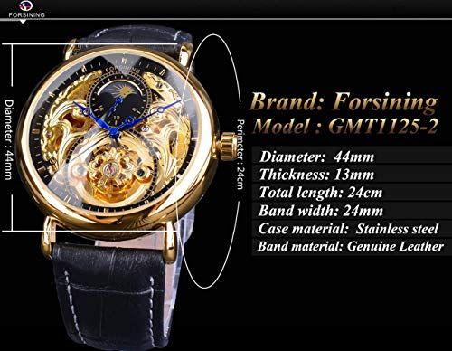 FORTININGメンズ自動巻きアナログ腕時計ファッションスケルトントゥールビヨン防水ムーンフェイズレザーメカニカルウォッチ