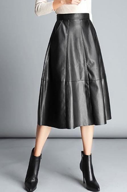 リアルレザー 羊革 フ スカート 本革素材 ラム ミモレ丈 黒