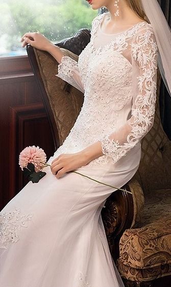 フラワーレース ウェディングドレス マーメイド 長袖 ロング上品