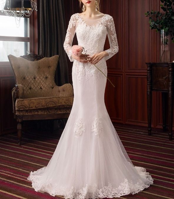 フラワーレース ウェディングドレス マーメイド 長袖 ロング上品