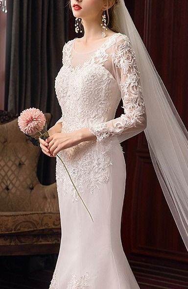 フラワーレース ウェディングドレス マーメイド 長袖 ロング上品