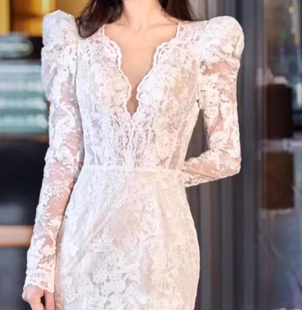 フィッシュテール ウェディングドレス 総レース Vネック 上品