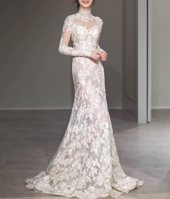 総レース ウェディングドレス マーメイド 長袖 エレガント