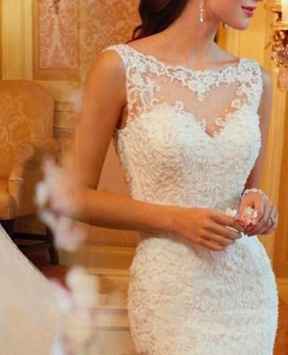 ロング ウェディングドレス マーメイド 花柄レース ノースリーブ