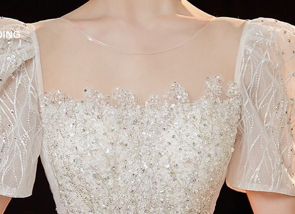 プリンセス レースビジュー ウェディングドレス ロング 半袖