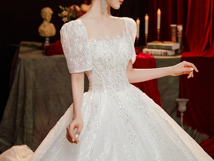 プリンセス レースビジュー ウェディングドレス ロング 半袖