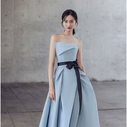 ラップドレス カラードレス ウエストリボン ベアトップ 韓国
