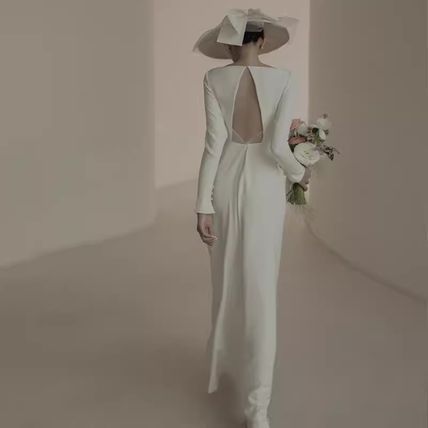 バックオープン ロング ドレス ウェディングドレス 長袖 韓国