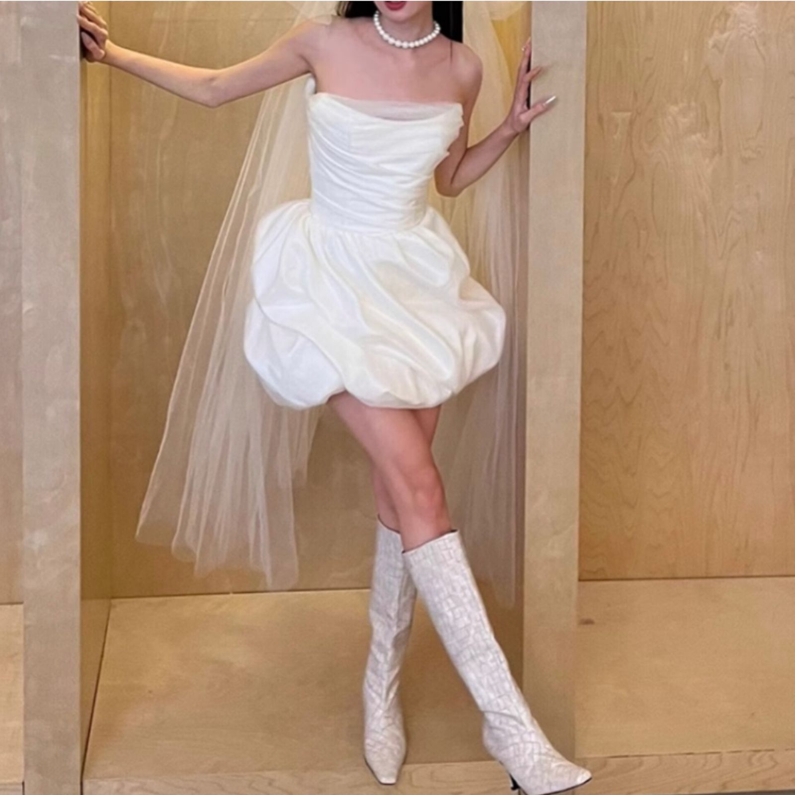 ビスチェ ウェディングドレス ミニ丈 ハイウエスト 韓国