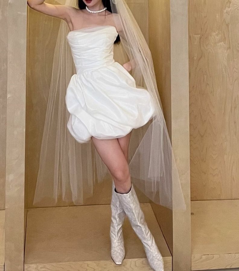 ビスチェ ウェディングドレス ミニ丈 ハイウエスト 韓国