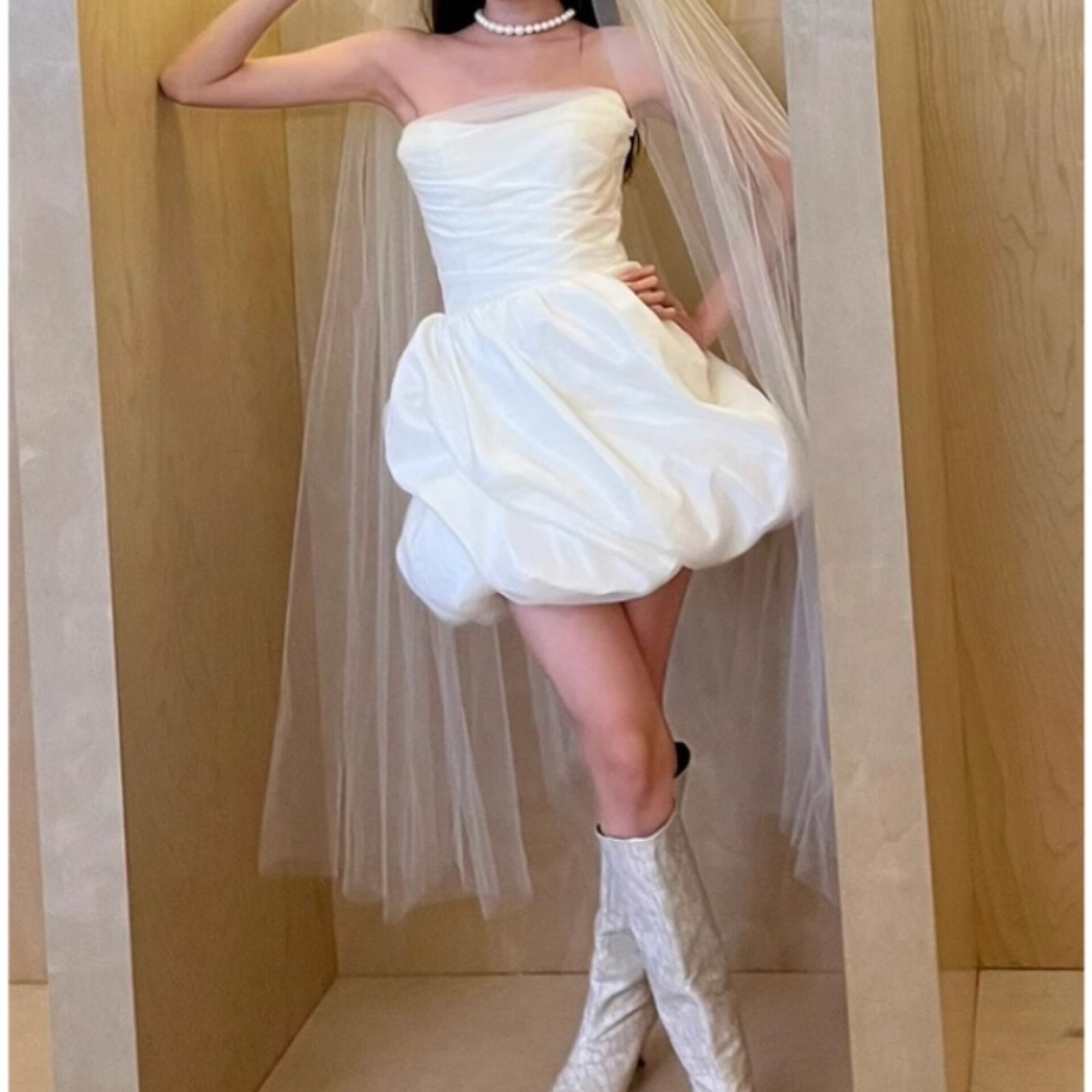 ビスチェ ウェディングドレス ミニ丈 ハイウエスト 韓国