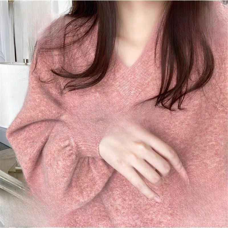 ニット Vネック パフスリーブ レディースニット ニットトップス ゆったり ドロップショルダー レディース トップス