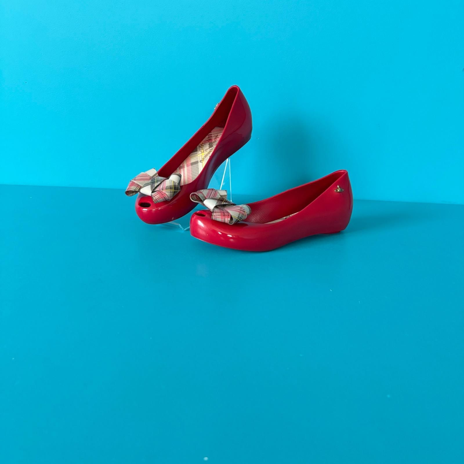 Vivienne Westwood Melissa Rubber Pumps Star Tan Check US5 Vivienne Melissa Collaboration Flat Shoes Red Ribbon 22.5 cm