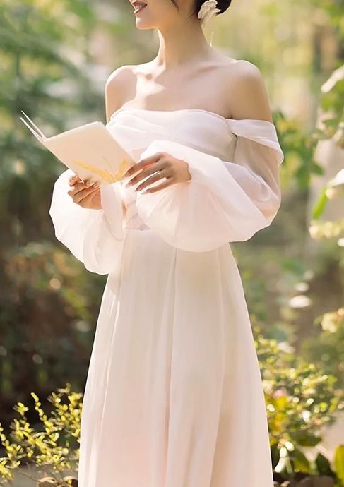 ボリューム袖 ウェディングドレス 長袖 オフショル Aライン 韓国