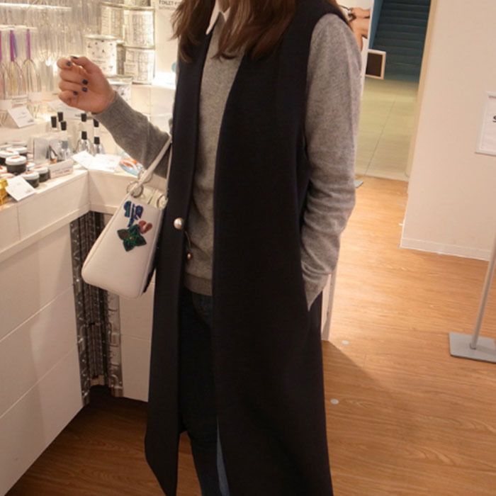 ロングジレ カジュアルコート ロングベスト ノーカラー パール