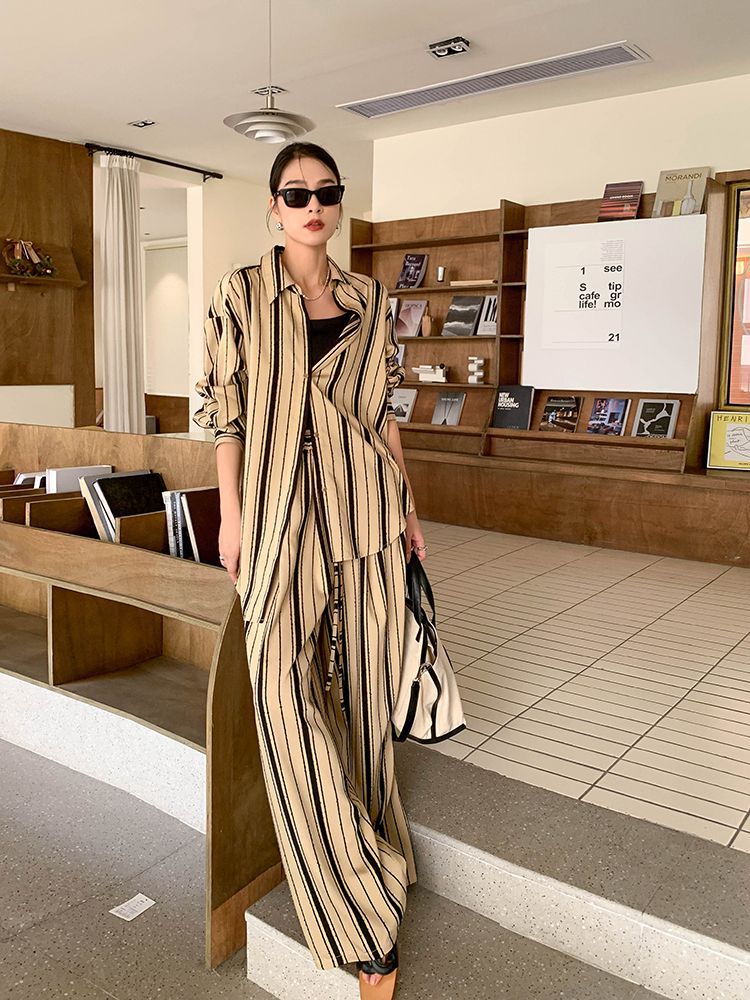 ワイドパンツ カジュアル セットアップ ストライプ 長袖シャツ