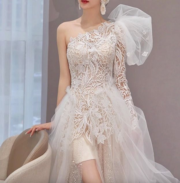 ワンショル ウェディングドレス ロング レース フラワー 韓国