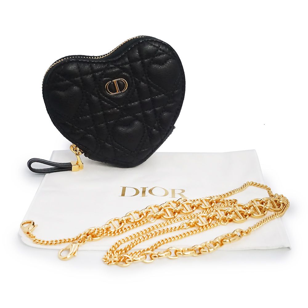 クリスチャンディオール S5097UNID Dioramour アムール Caro カロ ハート ポーチ カナージュ カーフスキン ブラック チェーンウォレット 斜め掛け ケース 財布 レザー ゴールド金具 Christian Dior（未使用　展示品） クリスチャンディオール S5097UNID Dioramour アムール Caro カロ