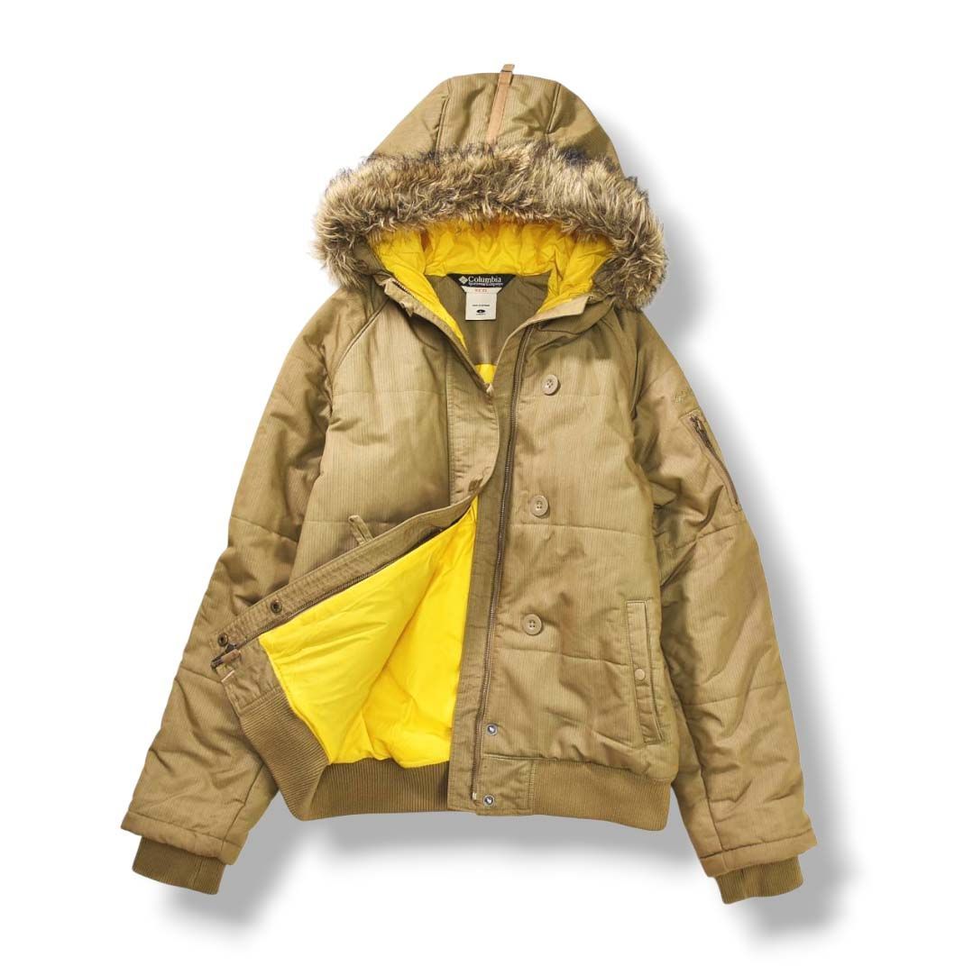 コロンビア COLUMBIA XCO スノーベレ ジャケット フードファー パーカー ジャンパー ブルゾン キルティング 中綿 L ヘリンボーン柄 コヨーテ x イエロー アウトドア ウェア タウンユース レジャー レディース ♪
