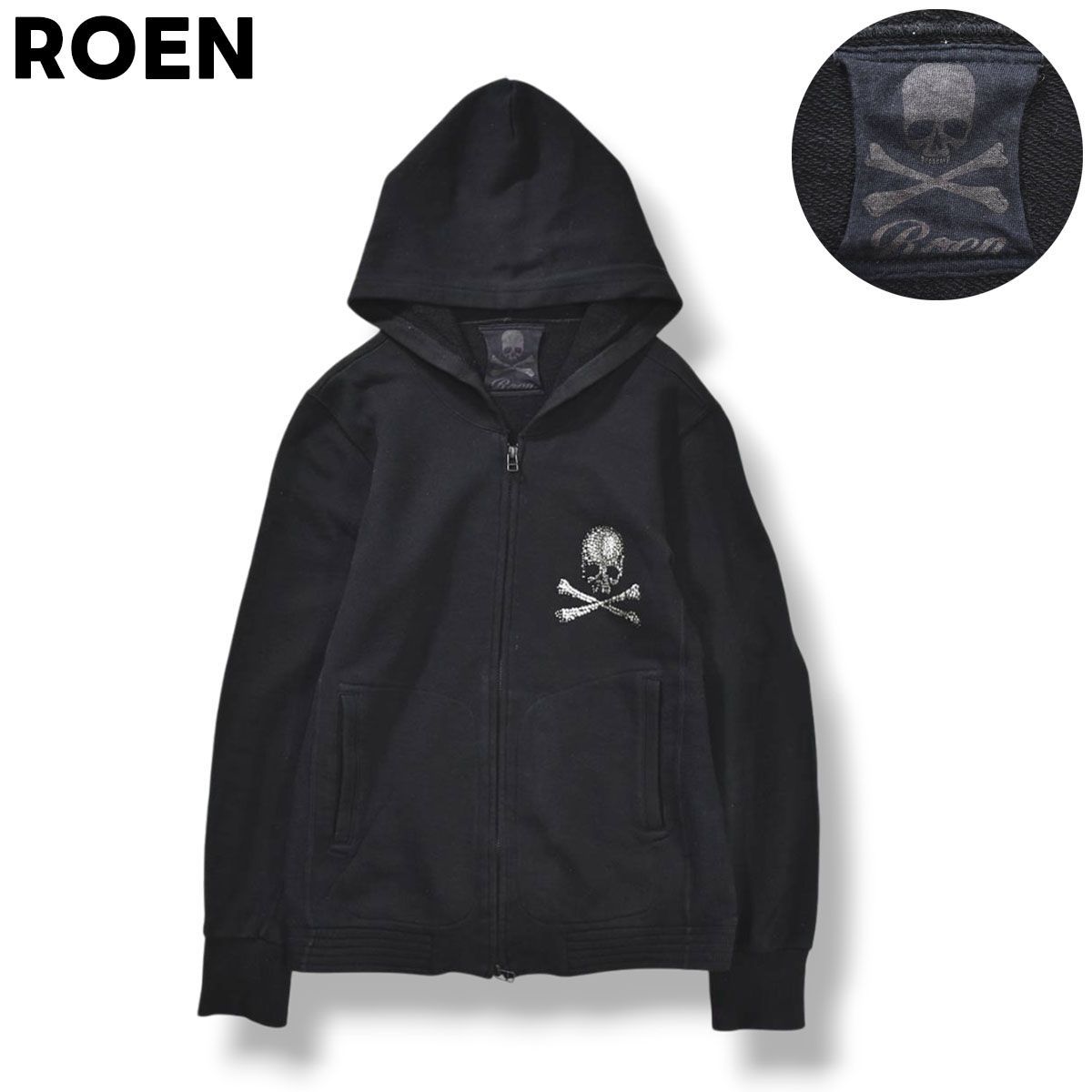 Roen/ロエン ラインストーンスカル ジップパーカー ライトグレー