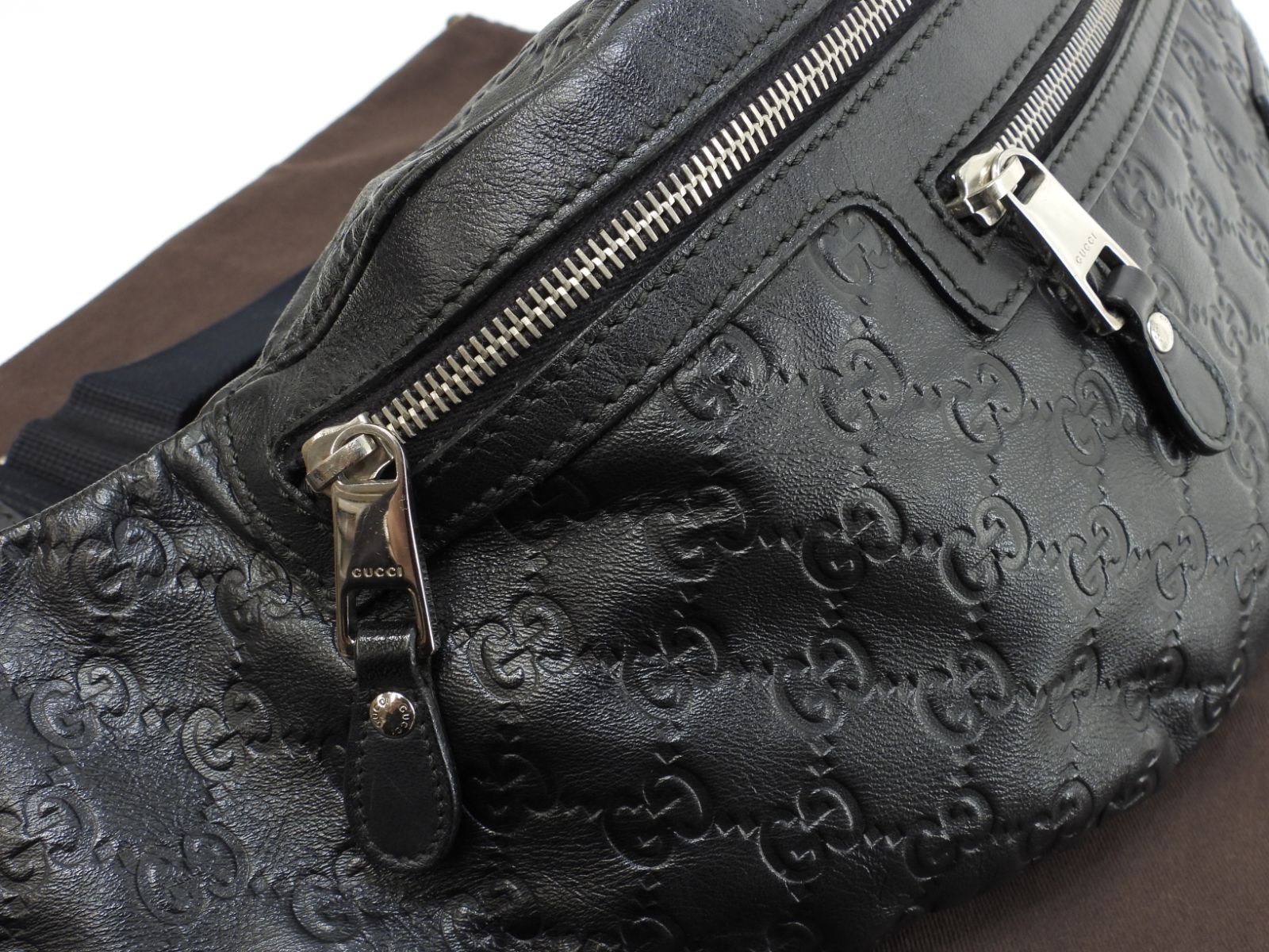 グッチ ボディバッグ大 GG シマレザー黒 斜掛ショルダーバッグ