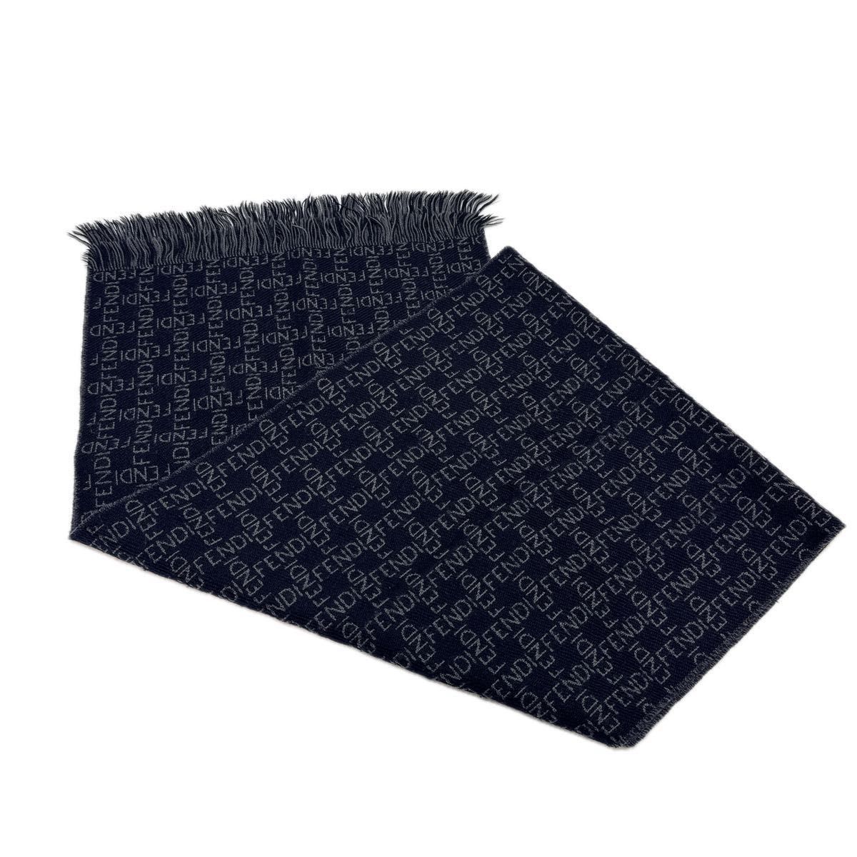 美品□ FENDI フェンディ ロゴ柄 ウール マフラー 紺×グレー 【公式通販】