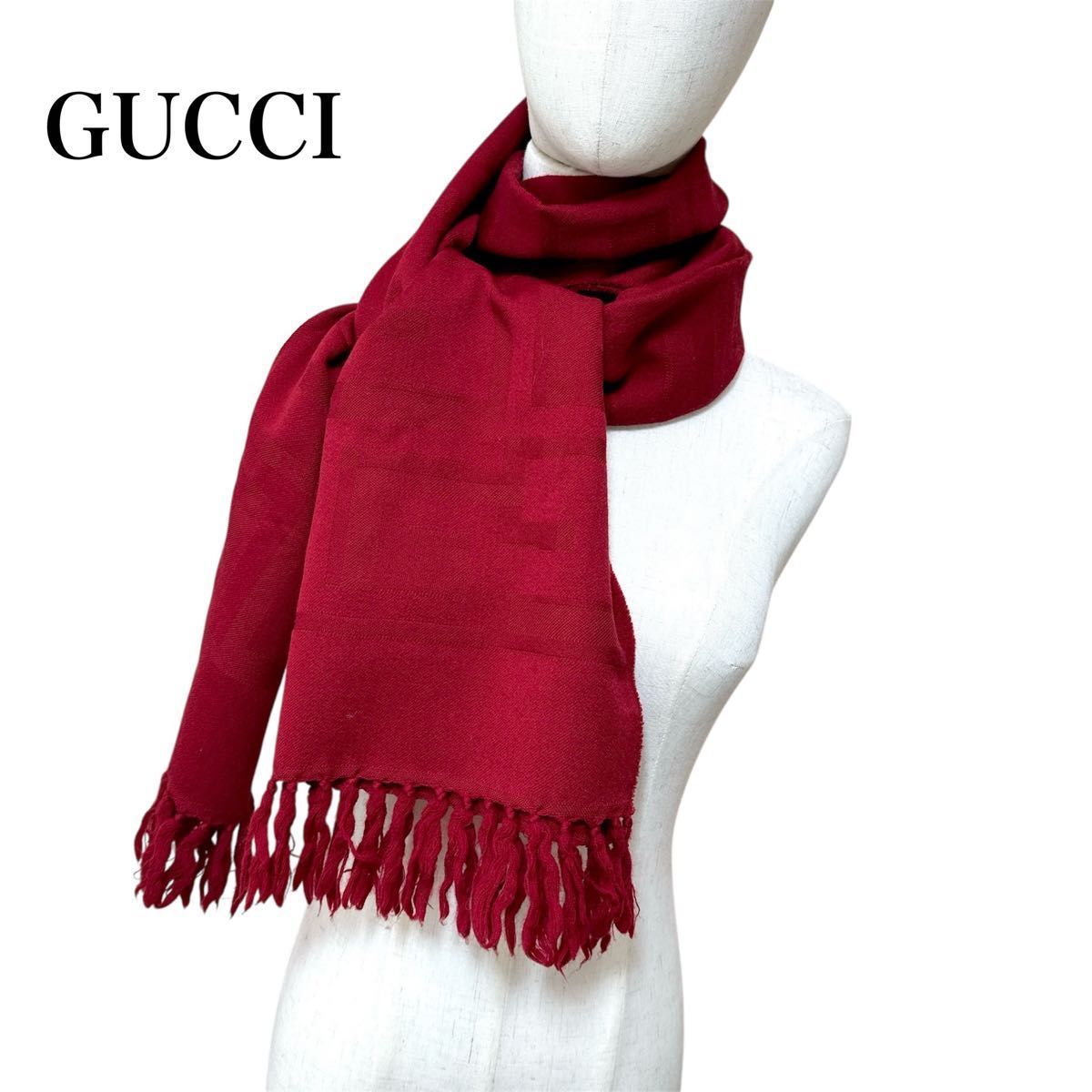 美品□GUCCI グッチ ウール 100％ フリンジ マフラー レッド 赤 【公式
