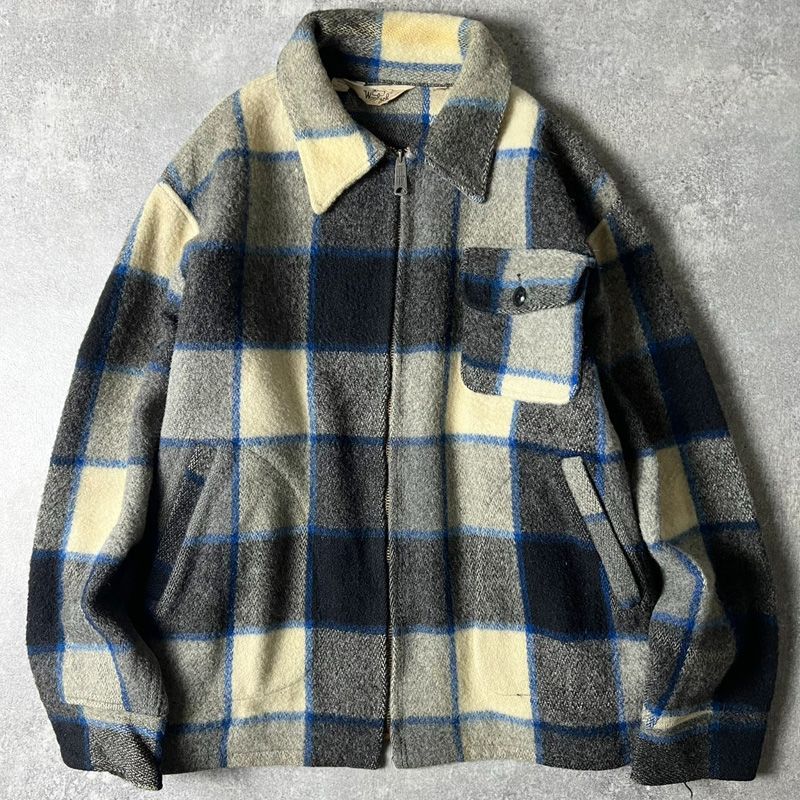 70s 白タグ WOOLRICH チェック ウール スポーツ ジャケット 46 / 70